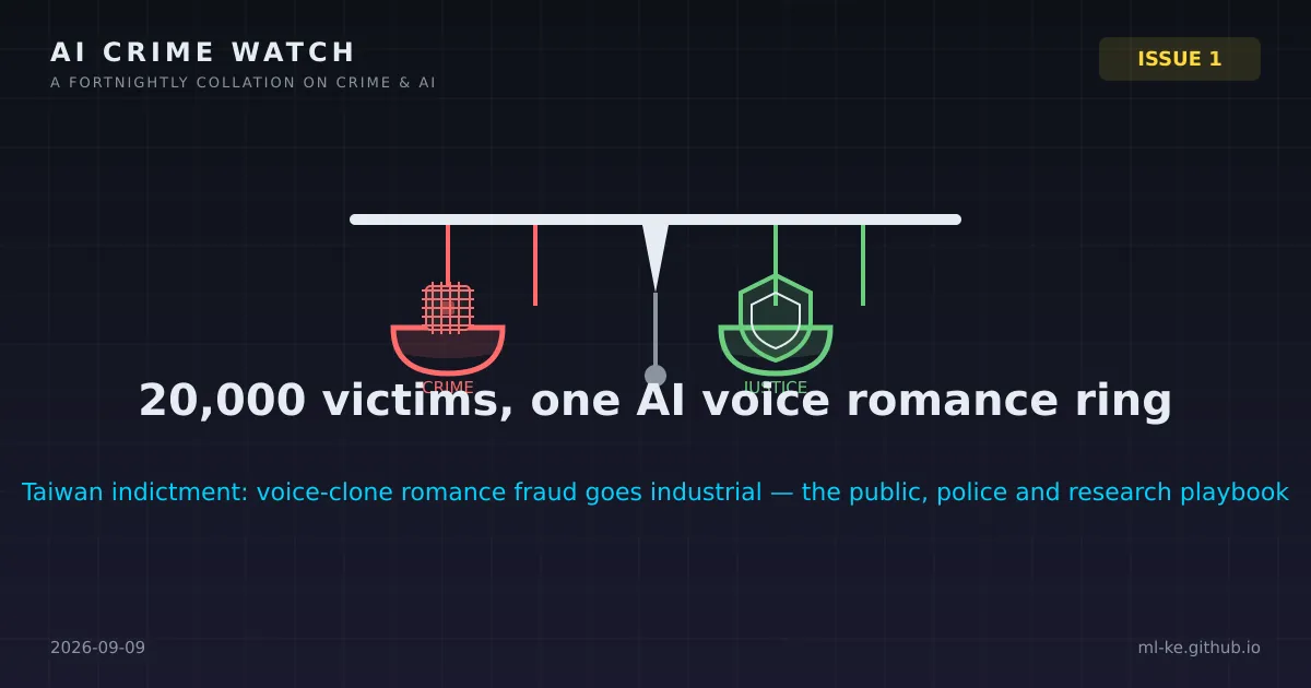 AI Crime Watch issue 1 cover — balanced scales of justice, a voice waveform on the crime pan and a gavel and shield on the justice pan
