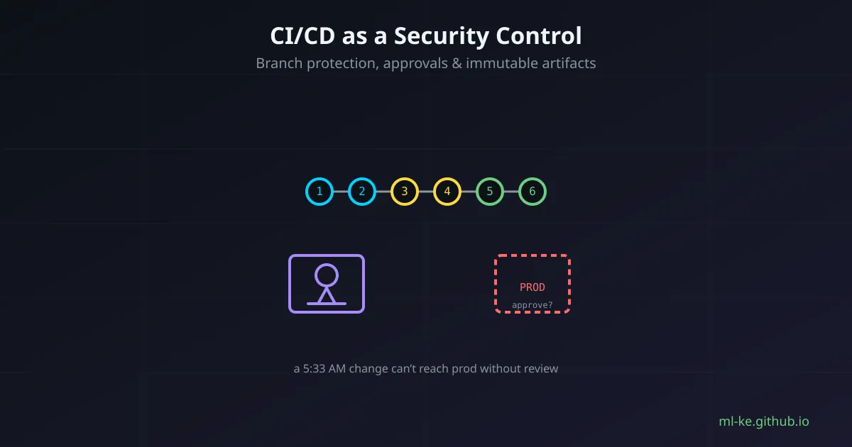 Illustration of a CI/CD pipeline acting as a security gate in front of a bank's production systems