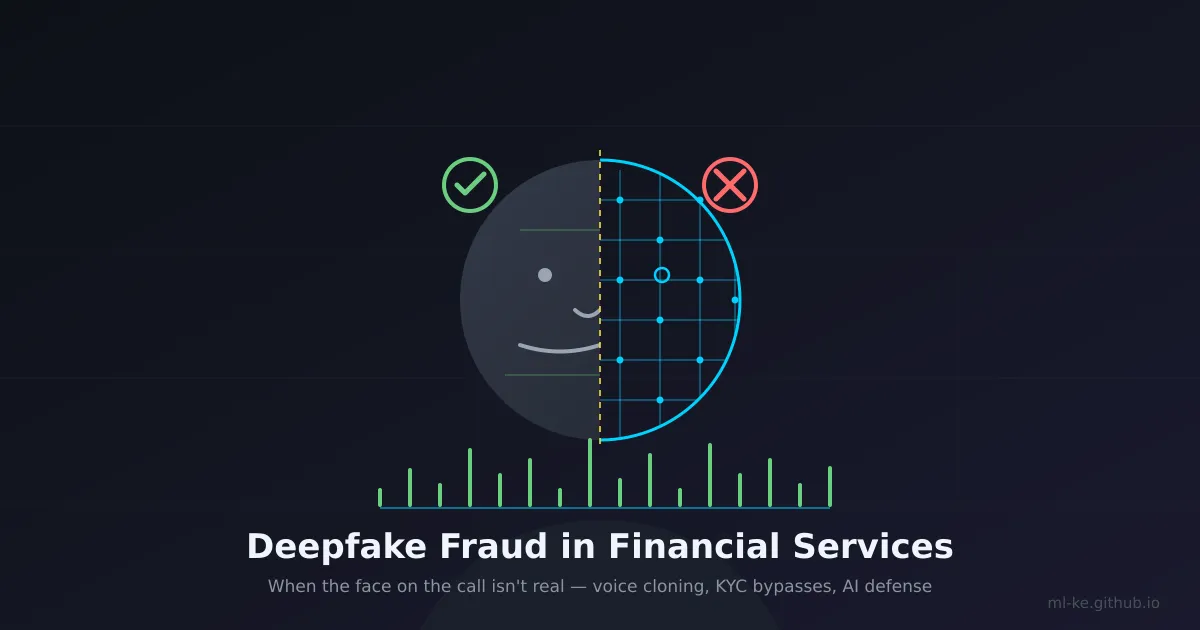 A human face split into a solid real half and a synthetic wireframe half, with a voice waveform and a failed verification mark