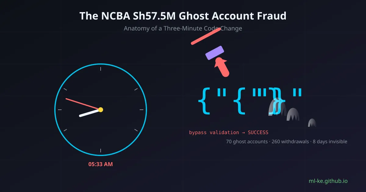 A clock face at 5:33 with a red injection needle piercing a code bracket, while faint ghost figures fade into a dark corridor