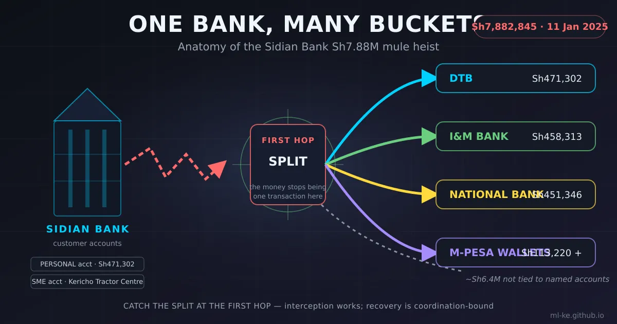 A red siphon leaving a bank building and splitting through a first-hop manifold into four mule accounts, with a targeting reticle over the split point